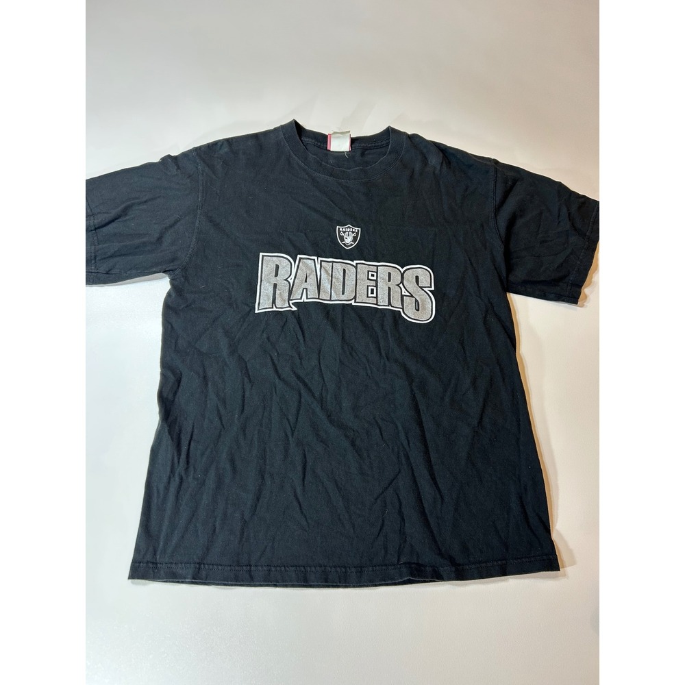 NFL Raiders T-Shirt Men's Large Black Silver Logo Crew Neck Short Sleeve Cotton